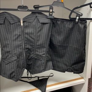 Black pinstripe corset vest, skirt with G string